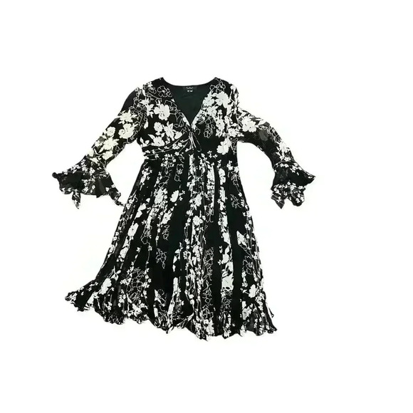 ECI New York Floral Dress Sz 12P Black Silk A Line Knee Length Formal - Picture 8 of 16